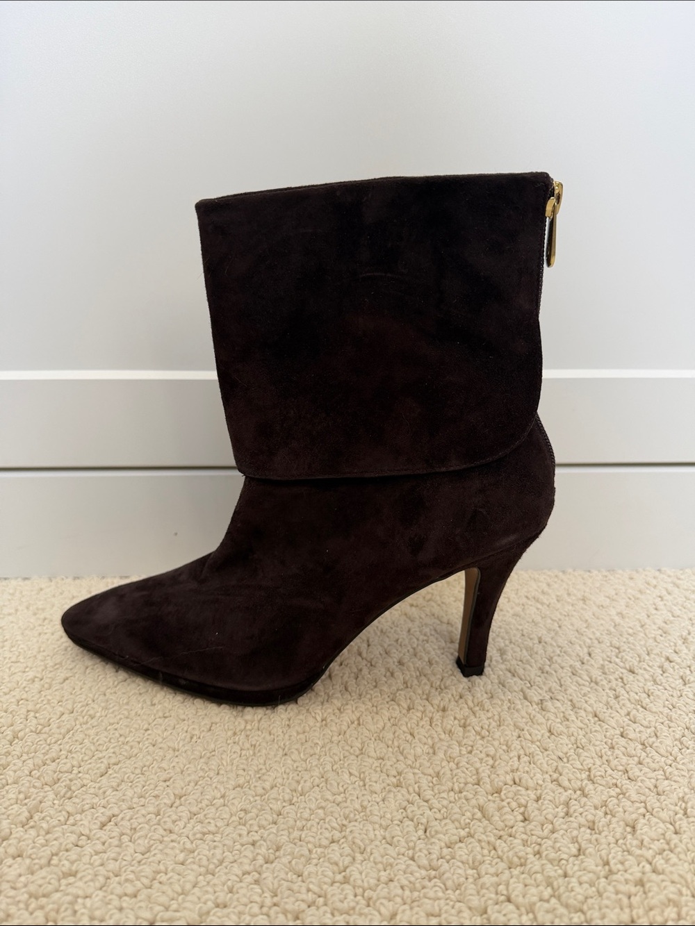 Adrienne Vittadini Chocolate Brown Suede Fold-Over Ankle Bootie